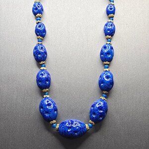 VTG Czech ‘Lapis’ Art Glass Necklace 26" Graduated Nugget Beads Brass Caps 1950s